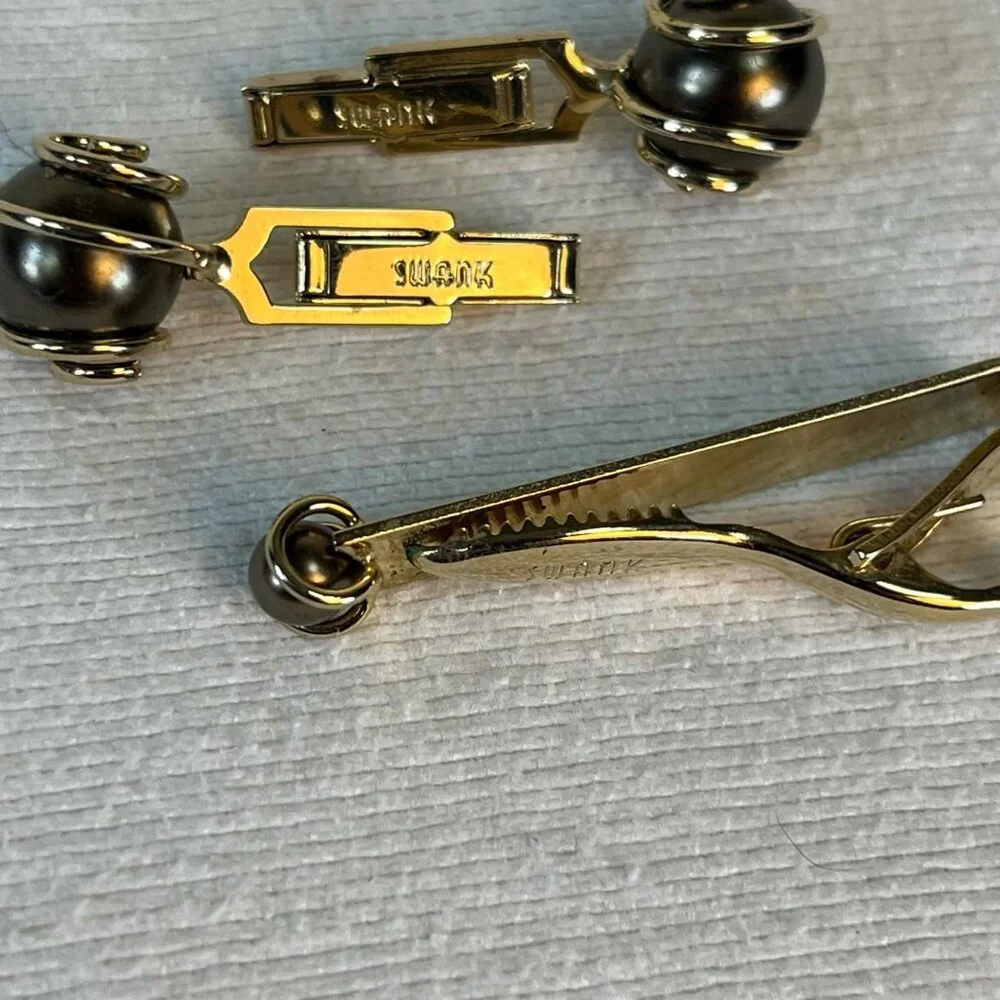 Vintage SWANK Gold Tone w/ Gray‎ Pearl/Bead Cuff Link Tie Tac Set Formal Wedding